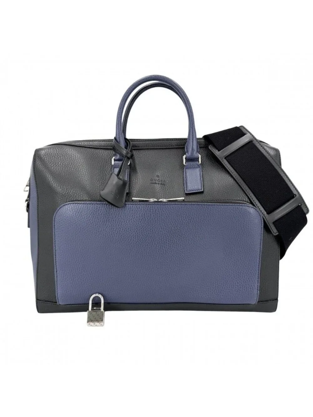 Gucci Big 2-Way Briefcase Tote Shoulder Bag Business Leather Black Navy Silver
